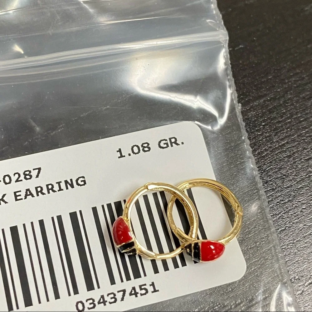 14K Yellow Gold Ladybug Huggies Earrings